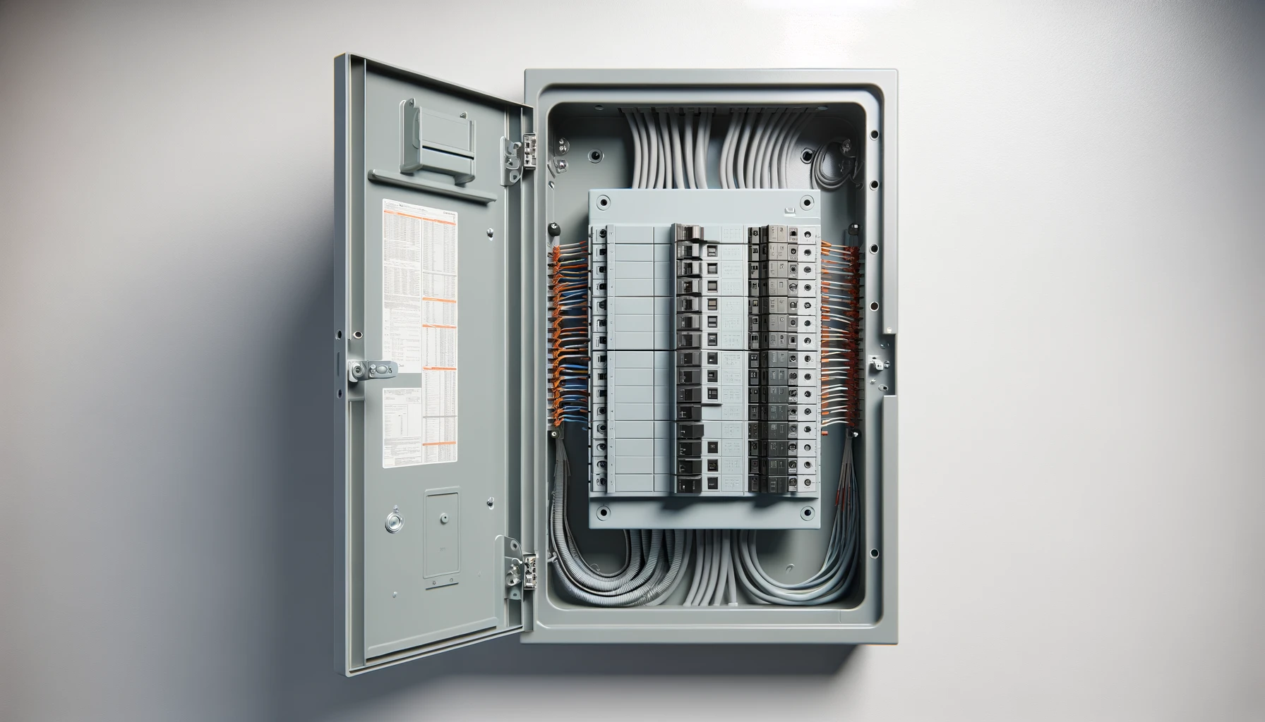 An open electrical breaker panel with neatly organized wiring and circuit breakers, mounted on a white wall.