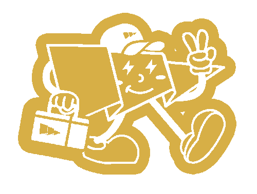 Electrician-Near-me-The-Fraser-Valley-011 A stylized cartoon arrow character wearing a cap holds a box and makes a peace sign while walking, outlined in gold.