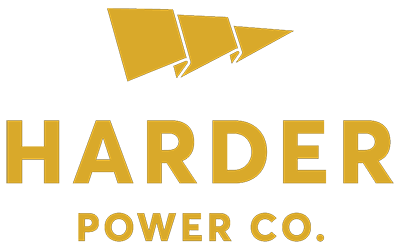 Logo for Harder Power Co. featuring three stylized gold triangles above the company name in bold gold letters on a light background.