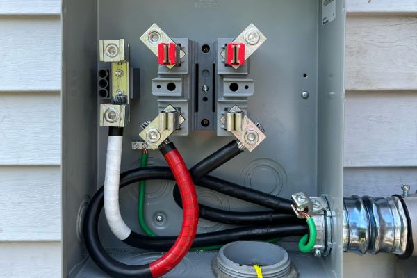 An electrical service disconnect box with two main terminals, black and white wires, green grounding wire, and conduit attached to a metal enclosure.