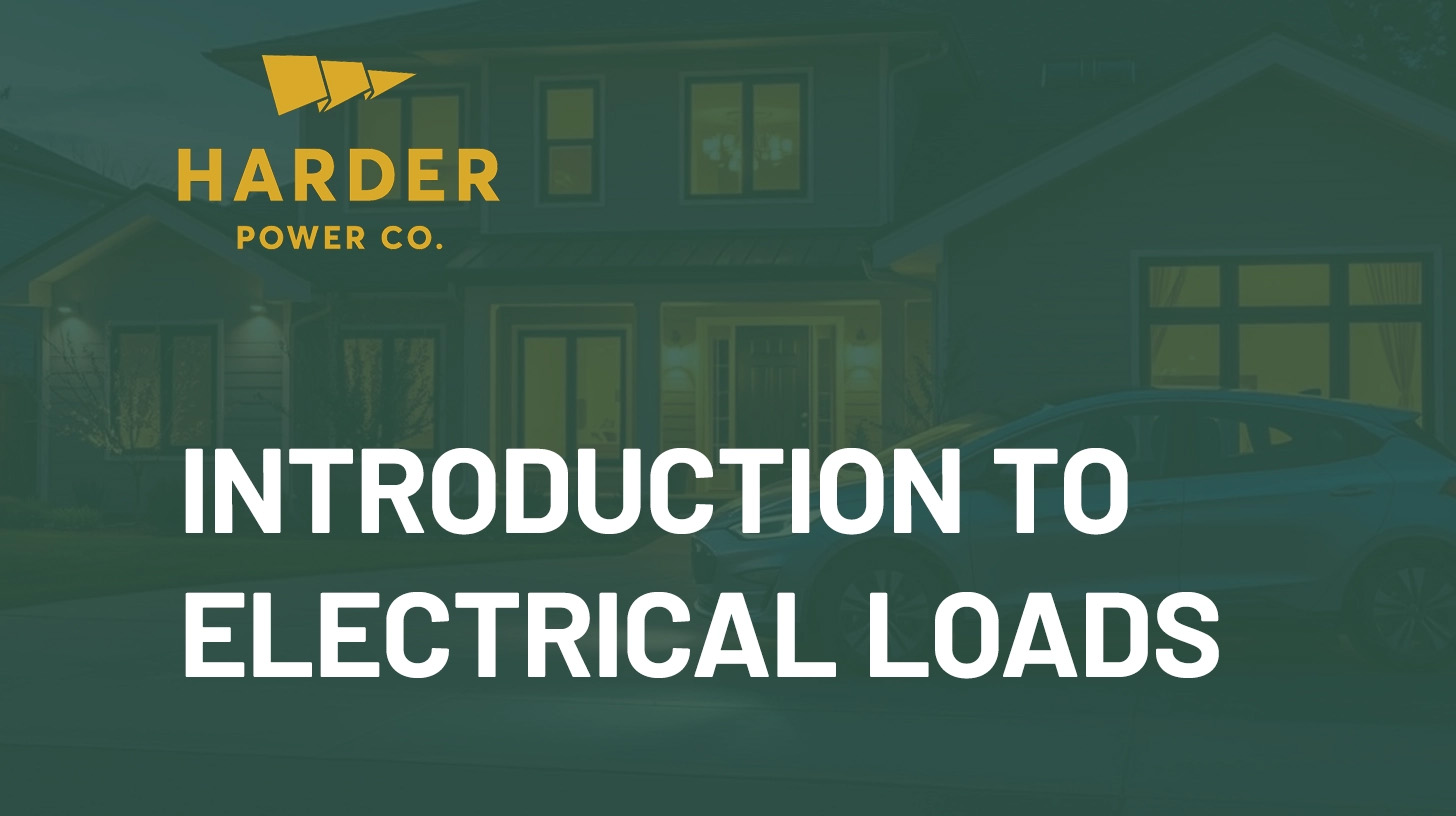 A house at dusk with lights on and a car in the driveway; text reads "HARDER POWER CO. INTRODUCTION TO ELECTRICAL LOADS.