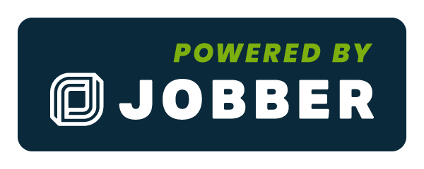 Rectangular badge with the text "Powered by Jobber" and a stylized logo on a dark blue background.
