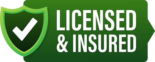 Green badge with a shield and check mark icon next to the words "Licensed & Insured" in bold white text.