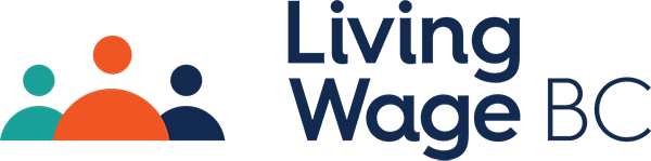 Logo with three abstract human figures in teal, orange, and navy next to the text "Living Wage BC" in bold, modern font.