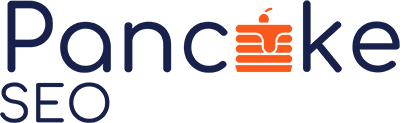 Pancake SEO logo with the word 'Pancake' in blue; the letter 'a' is replaced by an orange stack of pancakes with syrup. 'SEO' is written below in blue.