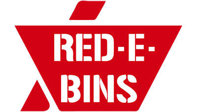 Red stencil-style text "RED-E-BINS" inside a red dumpster shape with a slanted rectangle above and a triangle to the lower left, resembling a stylized bin logo.
