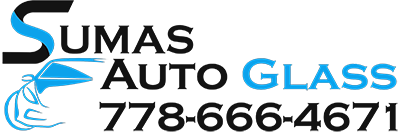 Sumas Auto Glass logo with phone number 778-666-4671, featuring stylized text and a blue windshield graphic.