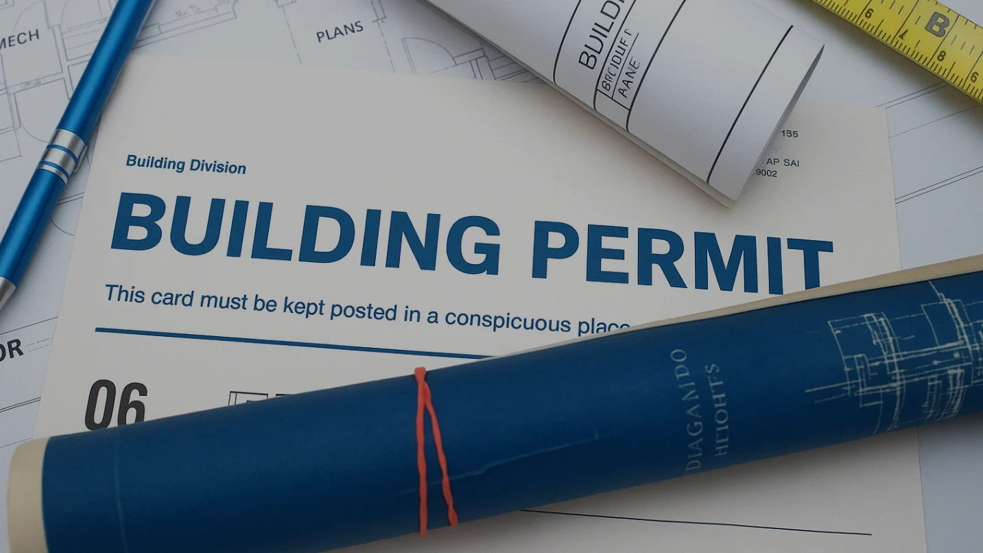 A close-up of a building permit document on a desk with blueprints, a rolled plan, and a measuring tape.