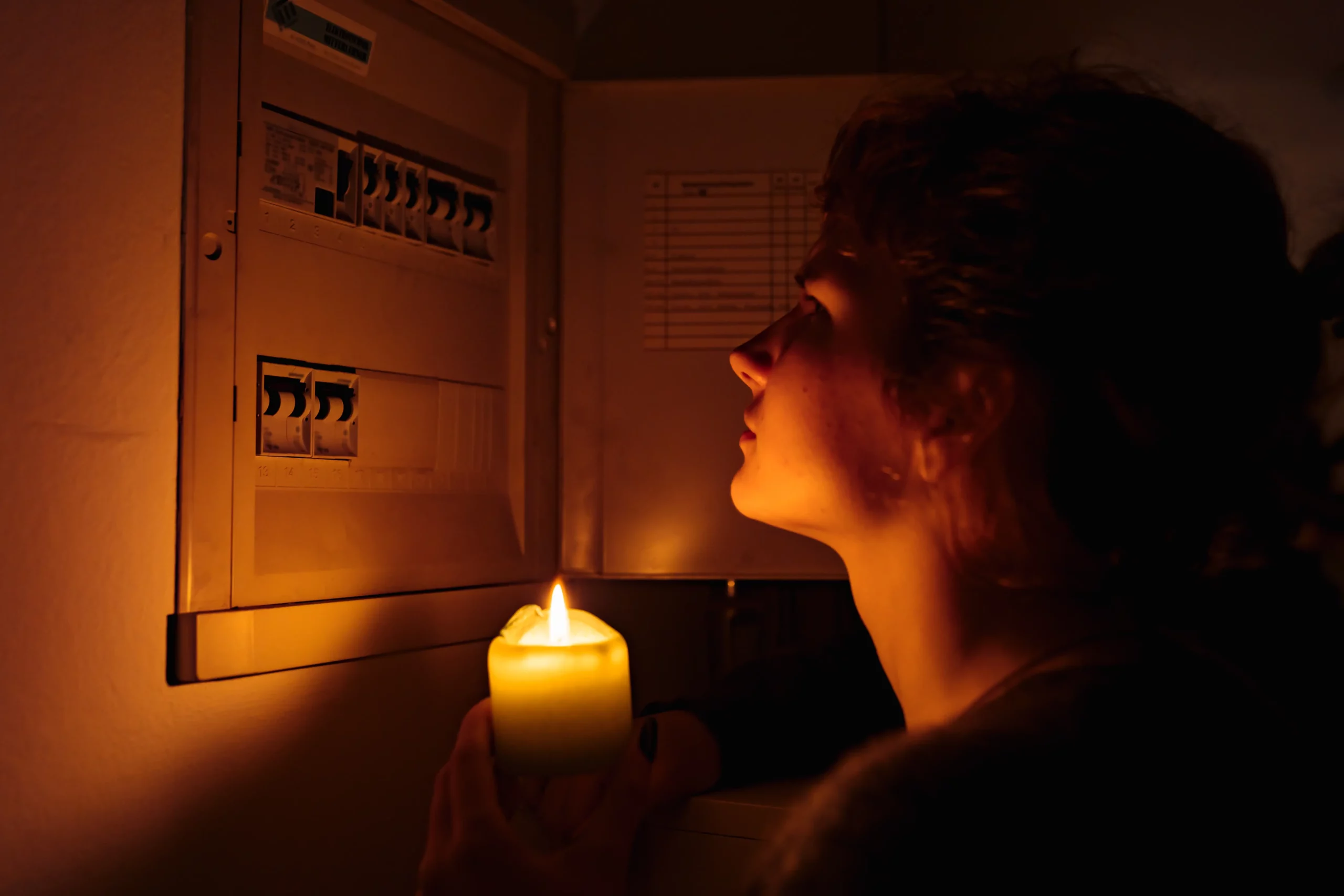 A person holds a lit candle and examines an open electrical panel in a dimly lit room.