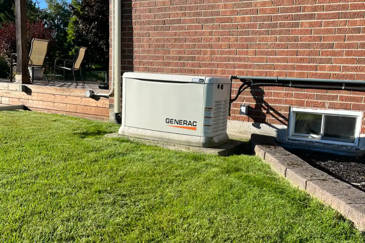 A Generac standby generator is installed outside a brick house on a concrete pad, with cables connected to the building and a lawn in the foreground.