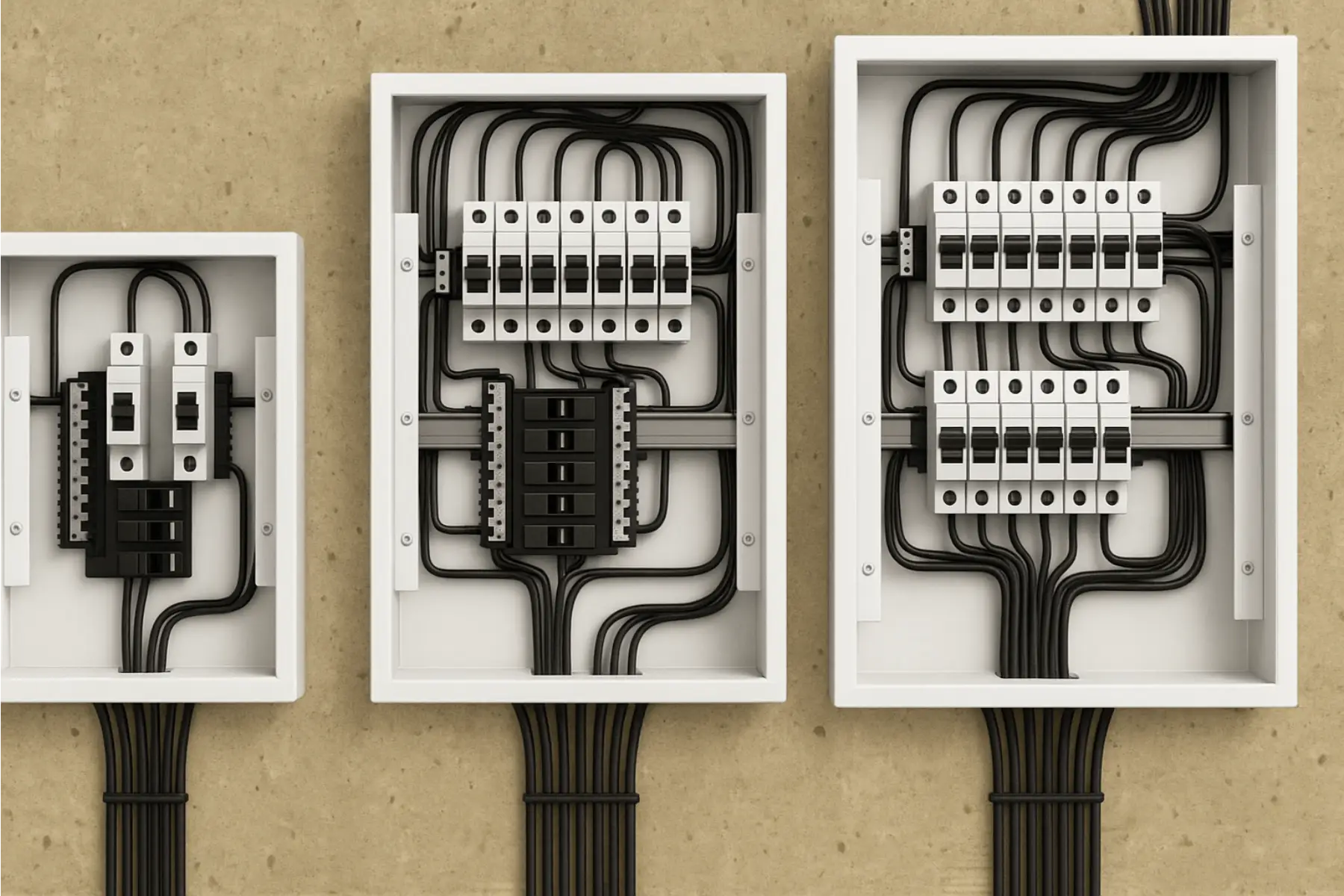 Three electrical breaker boxes with multiple black wires neatly arranged inside, mounted on a beige wall.