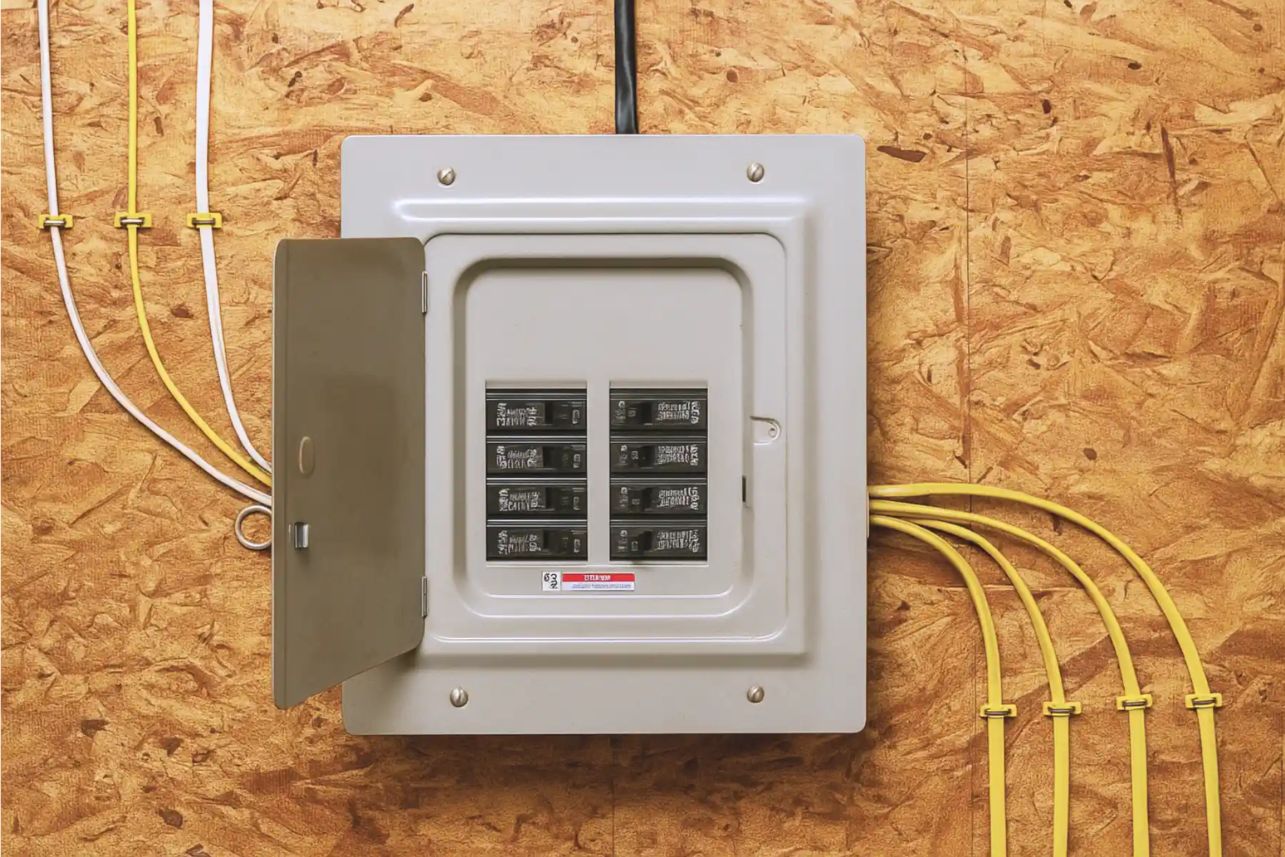 An open electrical breaker panel mounted on a plywood wall, showing eight circuit breakers with several yellow and white wires connected.