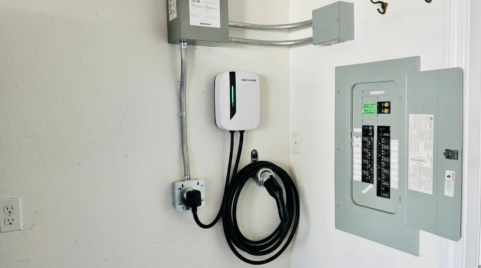 Home EV Charger Installation in Abbotsford: electric vehicle charging station mounted on a wall next to an electrical panel, with cables neatly coiled below the charger. Ask about available rebates!.